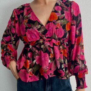Blu Pepper | Floral Babydoll Long Sleeve Garden Dreams Blouse Pink | Medium